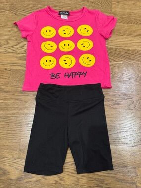 Miss Popilar Hot Pink Smiley Tee & Pixielane Black Bike Shorts Set 3T LIKE NEW